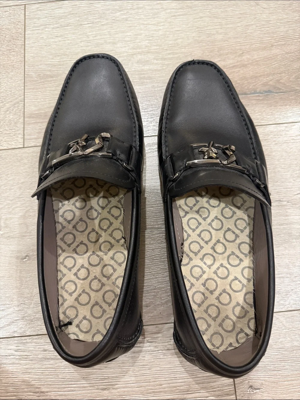 Salvatore Ferragamo Black Leather Loafers with Silver Gancini Accent